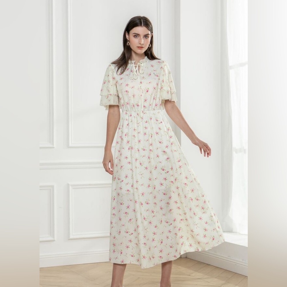 SHEIN Floral Flutter Sleeve Dress with Bow Detail